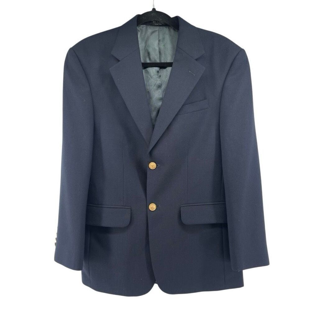 John Ashford Men’s Classic Navy Blue Blazer 38S Gold Crest Buttons Wool Blend